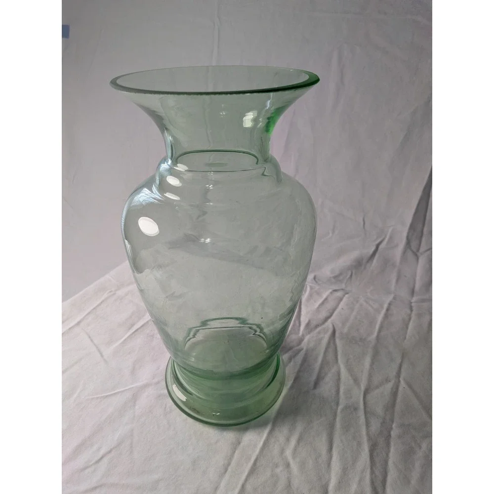 Vintage Large Sage Green Hand Blown Glass Vase Flared Rim 10.5 Inch Floor Vase